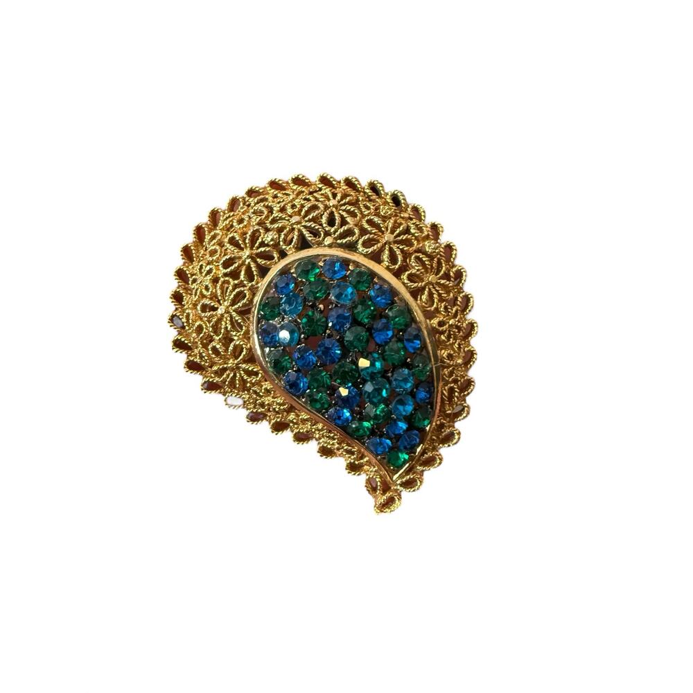 Karu Arke Vintage Filigree Paiseley Shape Rhinestone Brooch
